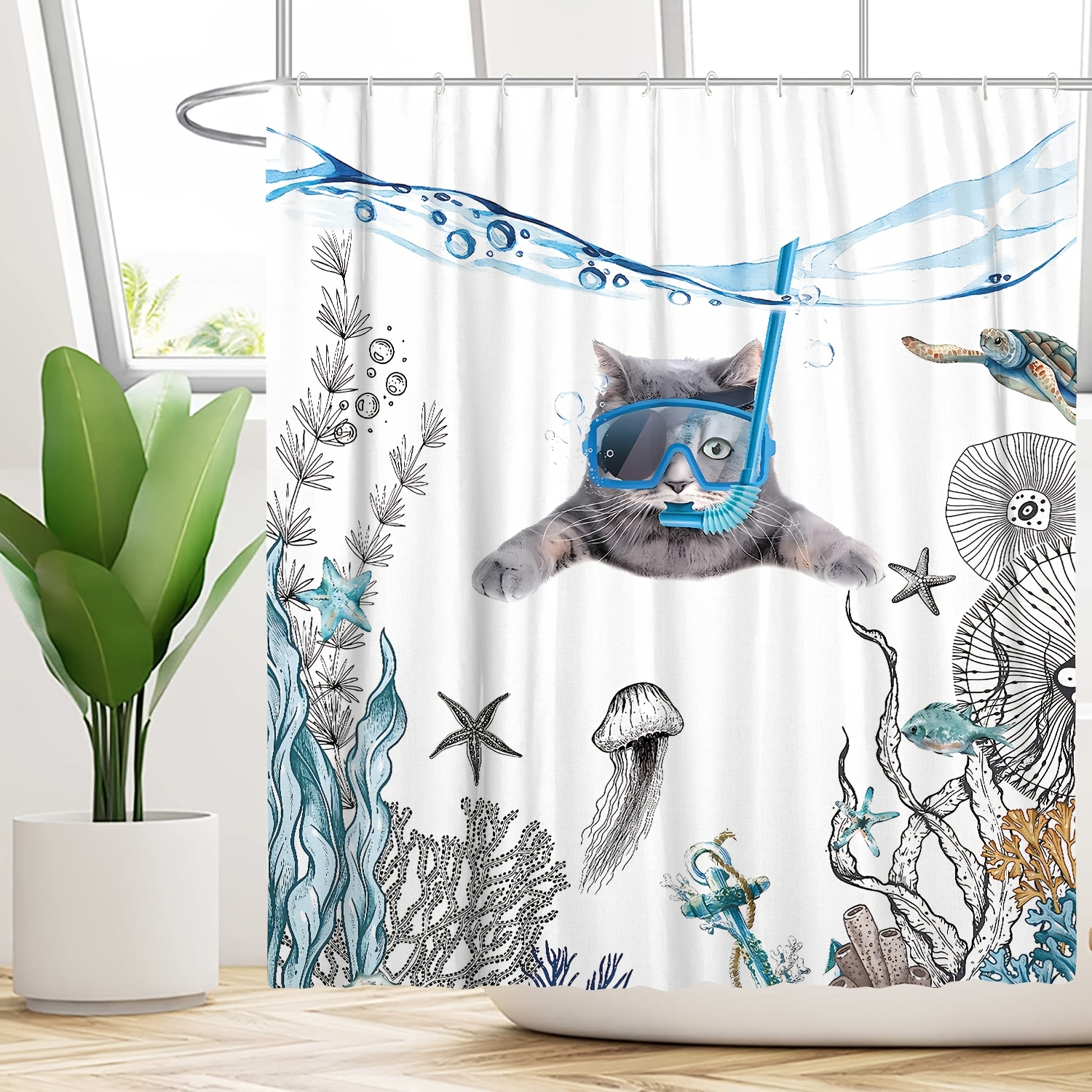 Diving Cat Printed Shower Curtain Set Bathroom Rug U shaped - Temu