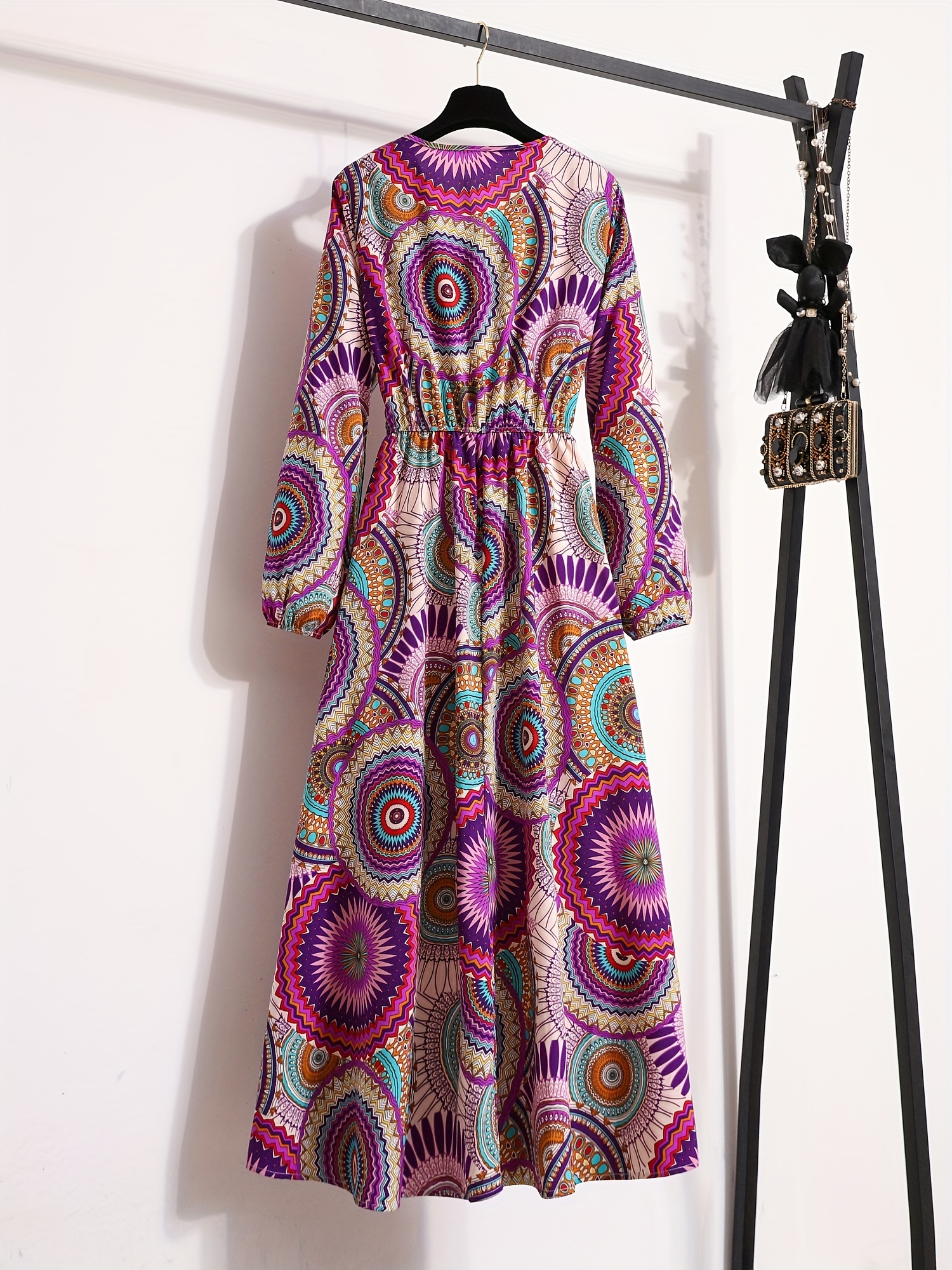 vintage print long v neck long sleeve waist cinching casual - Temu Georgia