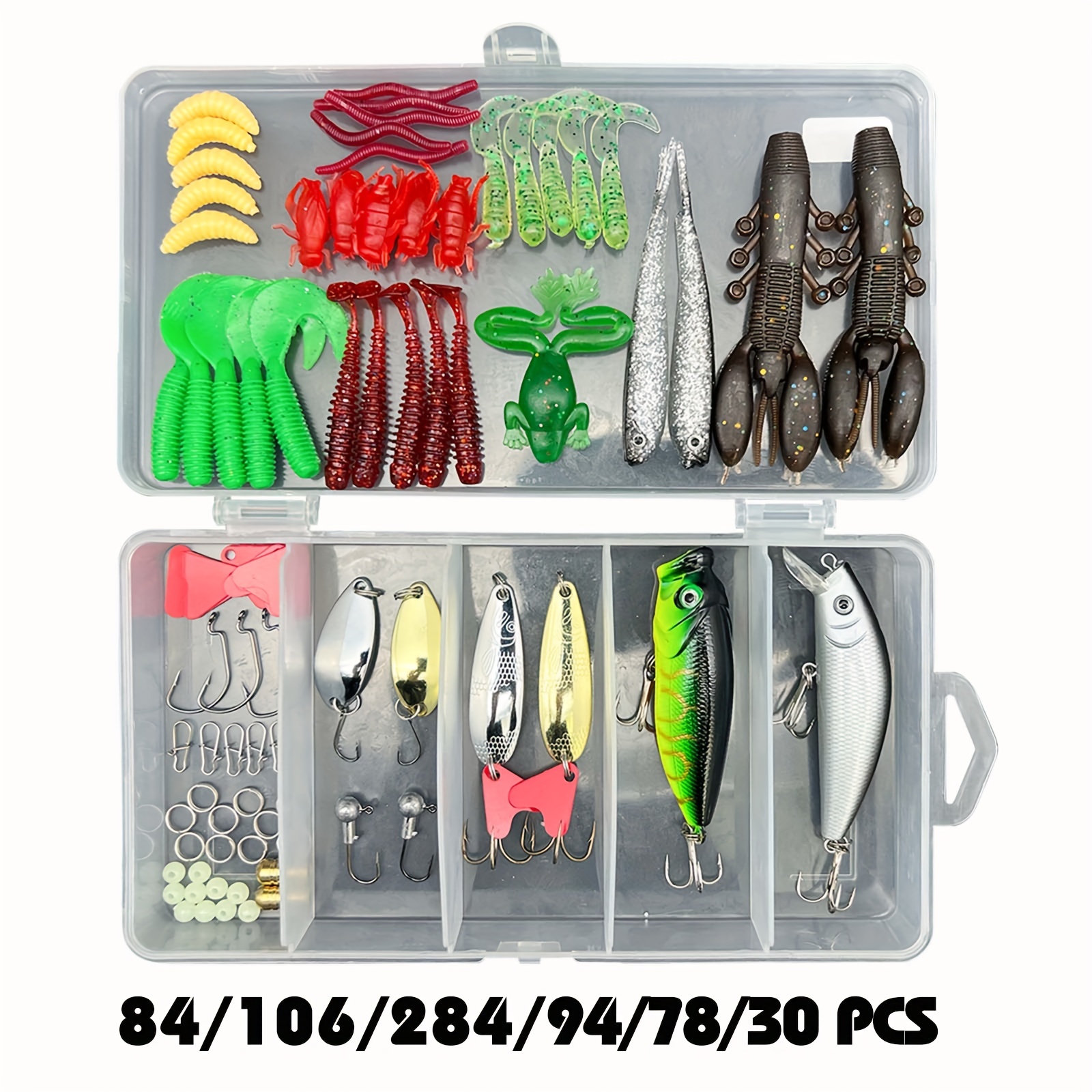 

79/84/93/106/283pcs Fishing Lures Set, Topwater Fishing Hooks Tackle Kit For Bass Trout Salmon, Including Minnow Popper Spoon Lures, Soft Plastic Worms Bait, Jigs Head Hook