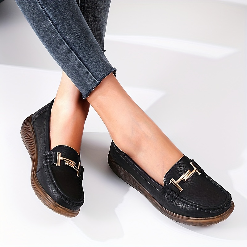 Women's Metallic Buckle Decor Loafers, Round Toe Soft Sole Slip On Flats,  Comfy Low Top Flat Shoes - Temu