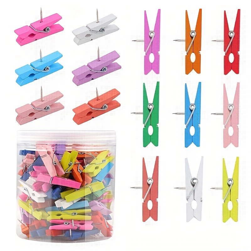 Push Pin Clips Wooden Pegs With Push Pins, 50 Pcs Wooden Clips For Cards  Notes Gift