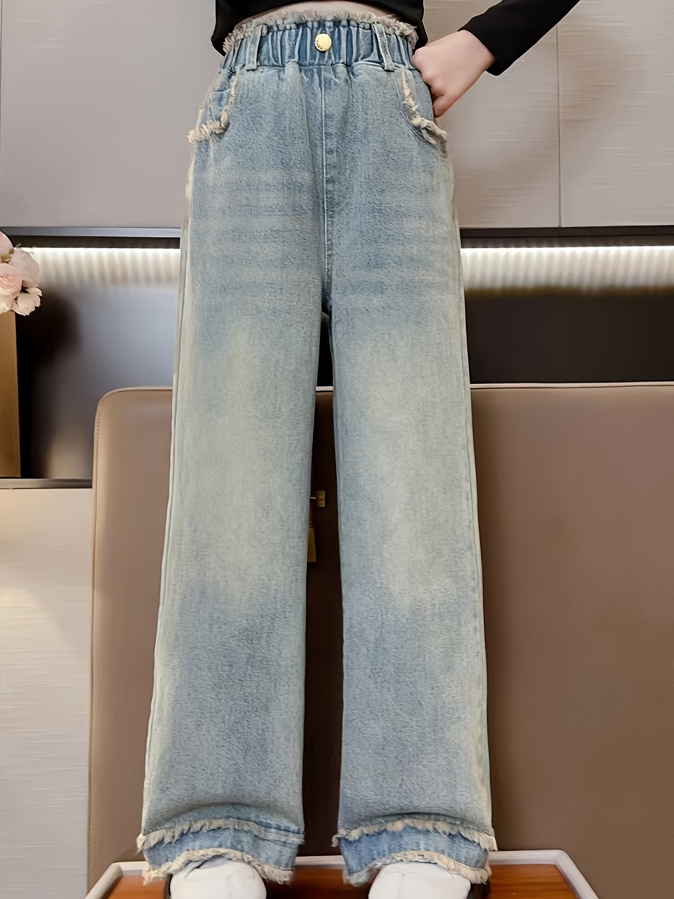 Tween Girls Hem Ripped Flared Jeans Versatile - Temu Mexico