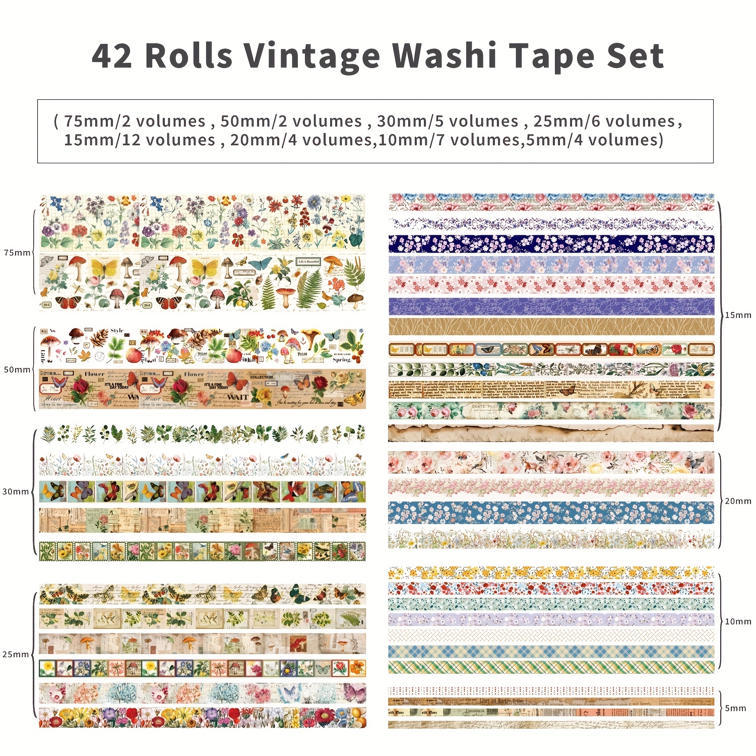 Vintage Washi Tape Set Assorted 5 Rolls of Decorative Colored