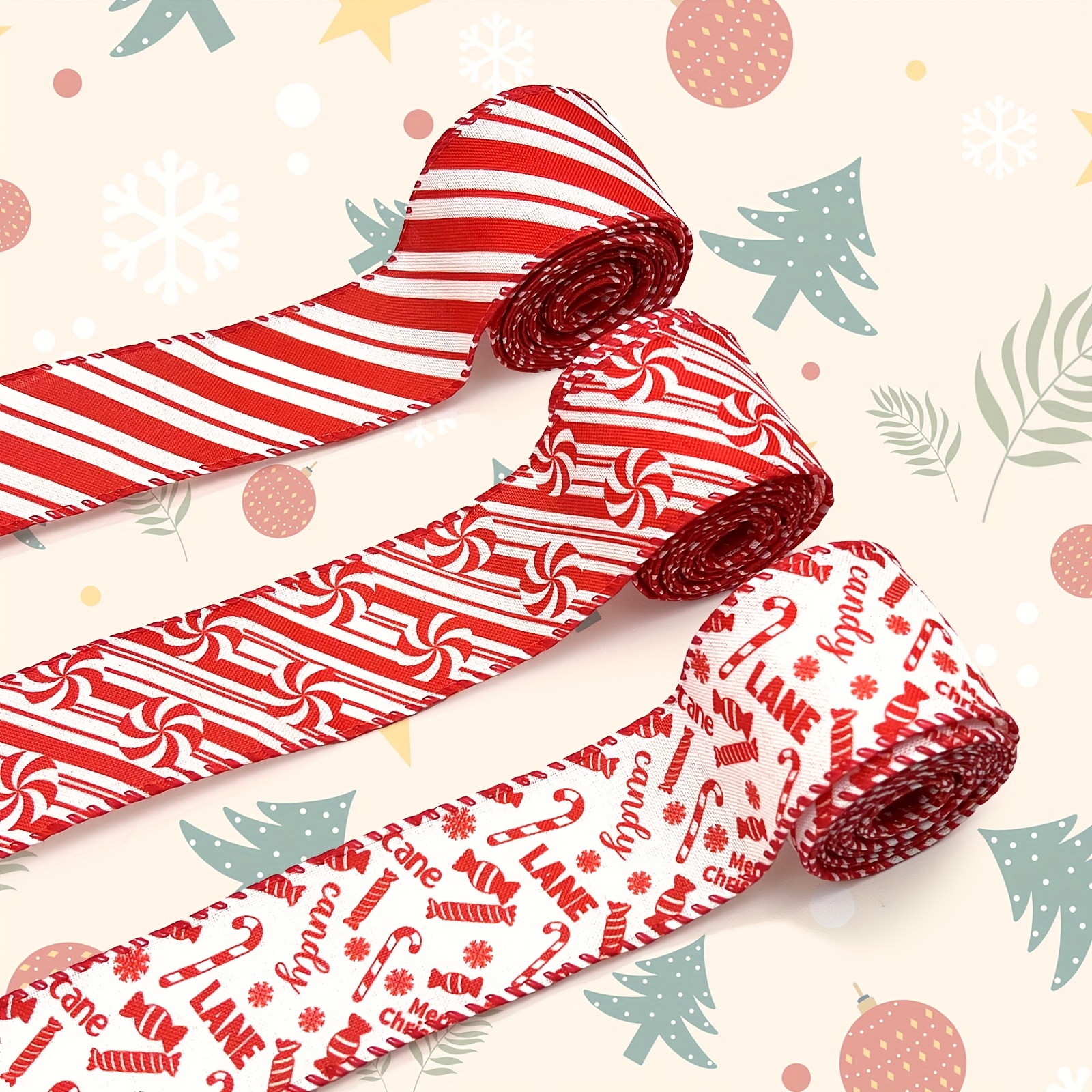 Candy cane stripes ribbon printed in red on 5/8 white single face satin,  10 Yards