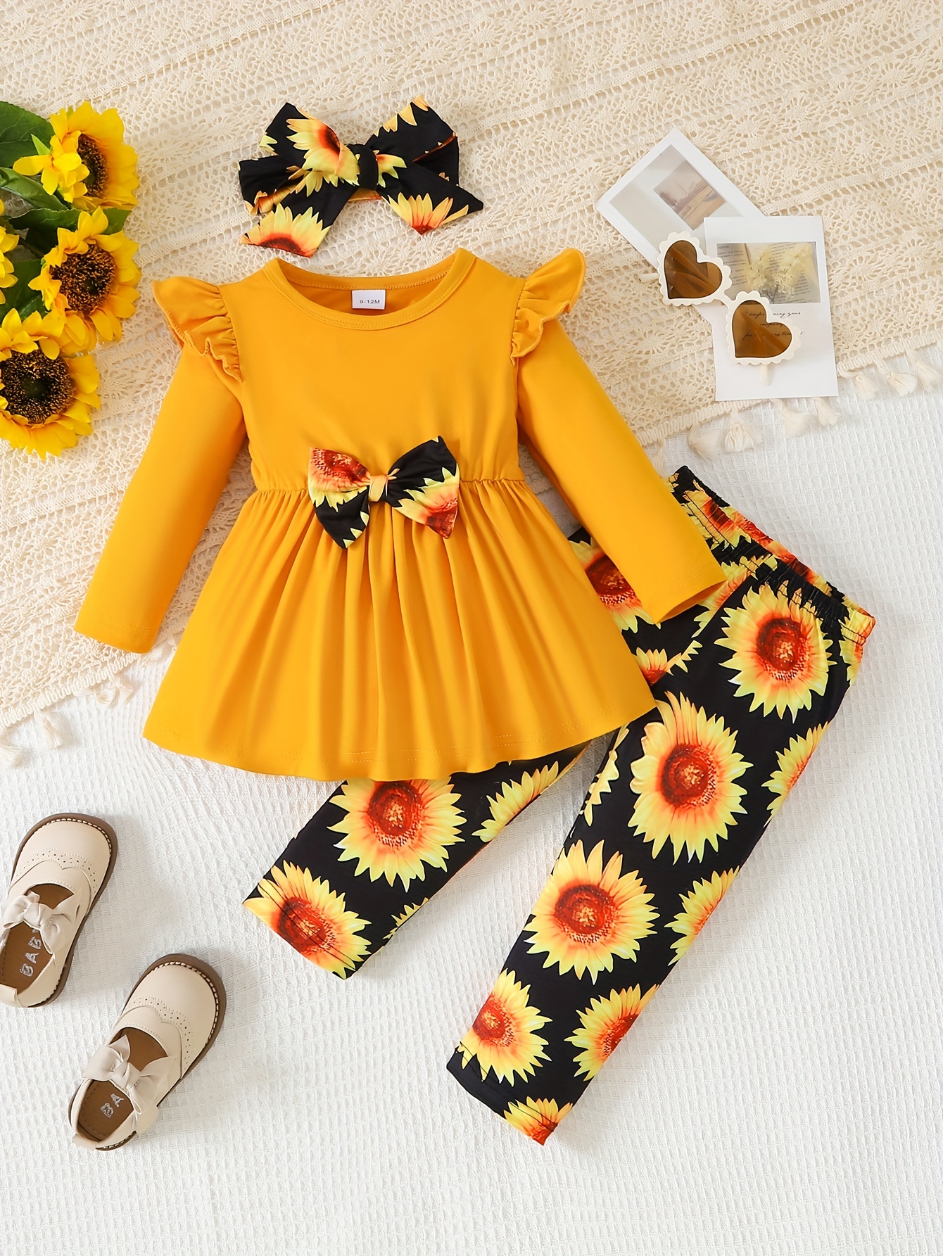 Toddler Baby Girls Cute Outfits - Sunflower Print Long Sleeve Flying Sleeve  Bow Top + Print Pants + Bandana Set
