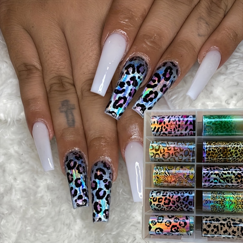 

10pcs Holographic Leopard Print Design Foil Transfer Stickers, Nail Foil Transfer Decals, Nail Art Supplies For Women And Girls
