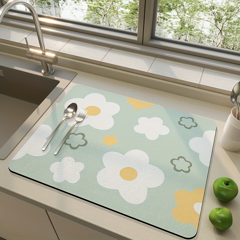 Dexi Dish Drying Mat For Kitchen Counter Cute Floral Placemat, Non