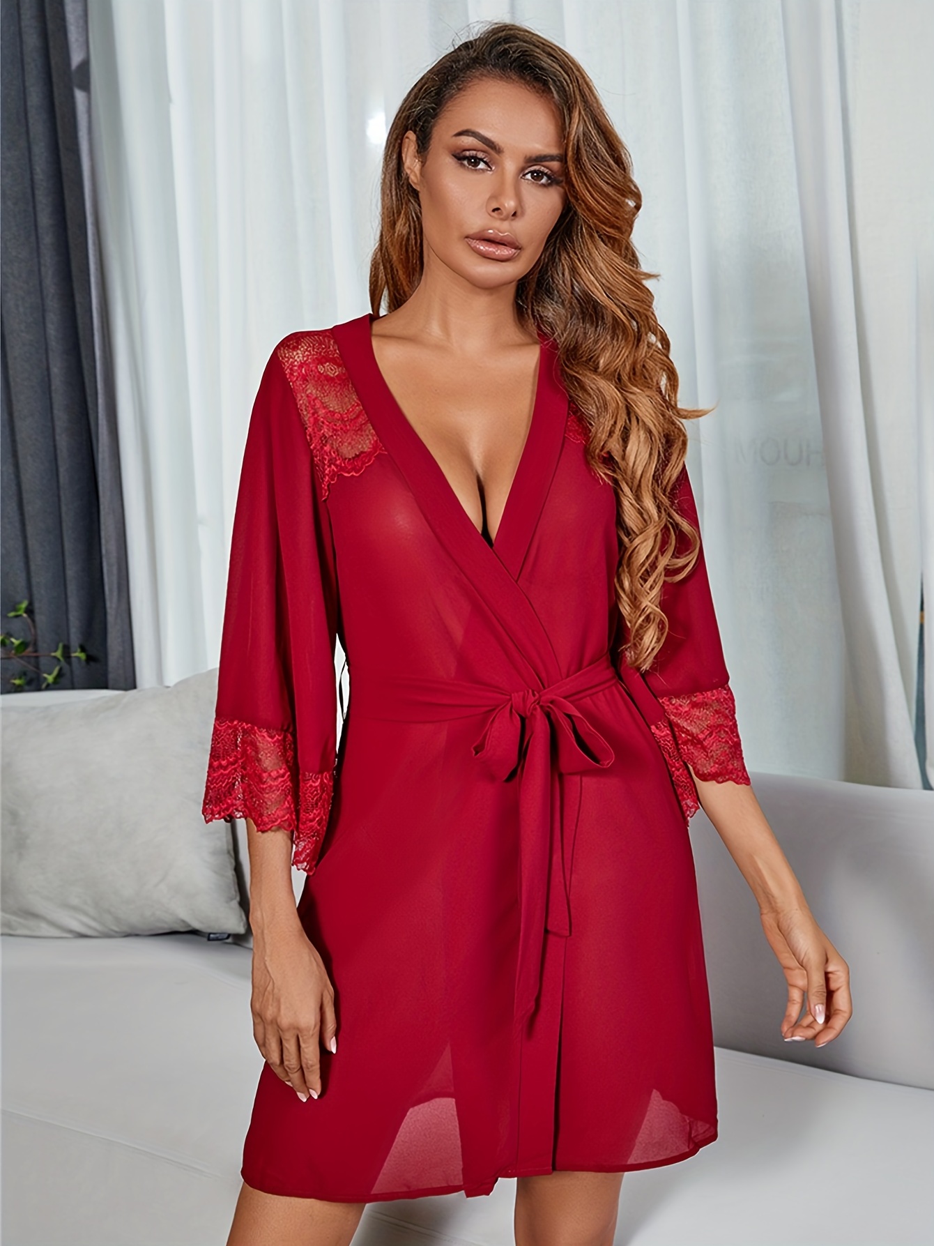 Contrast Lace Mesh Night Robe Half Sleeve V Neck House Robe - Temu