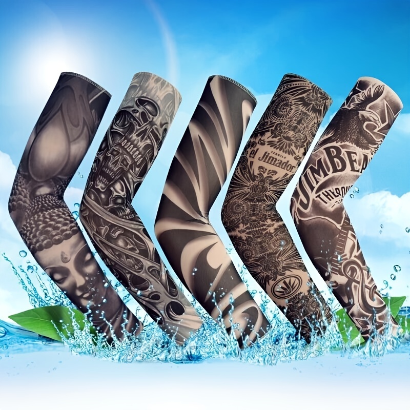 5pcs Fashion Tattoo Arm Sleeves, Breathable UV Protection Ice Silk Sleeves  For Outdoor Basketball Golf Running Athletic Sports