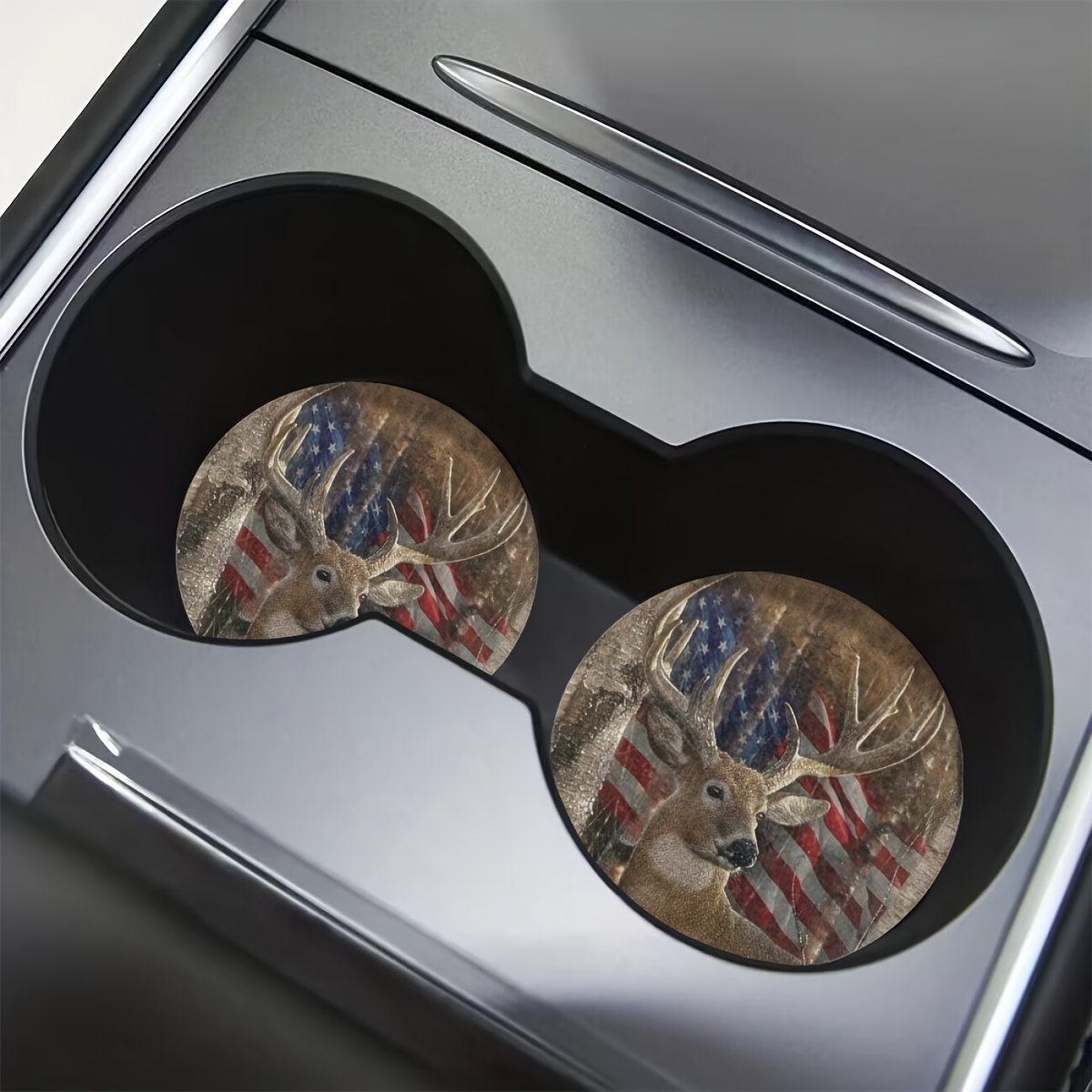 2pcs Retro Deer & American Flag Absorbent Car Cup Holder Coaster Mats - Car  Interior Accessories, Water Cup Coasters For Car Vehicles & Home Desk