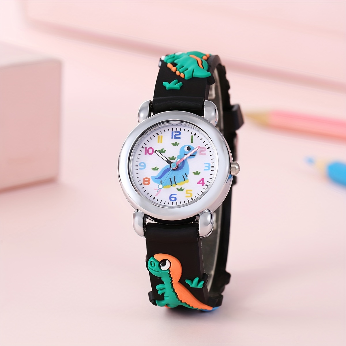 Image of Cute Cartoon Dinosaur Student Quartz Watch | Plastic Case, Silica Gel Strap, Red, Non-water Resistant, Battery Powered
