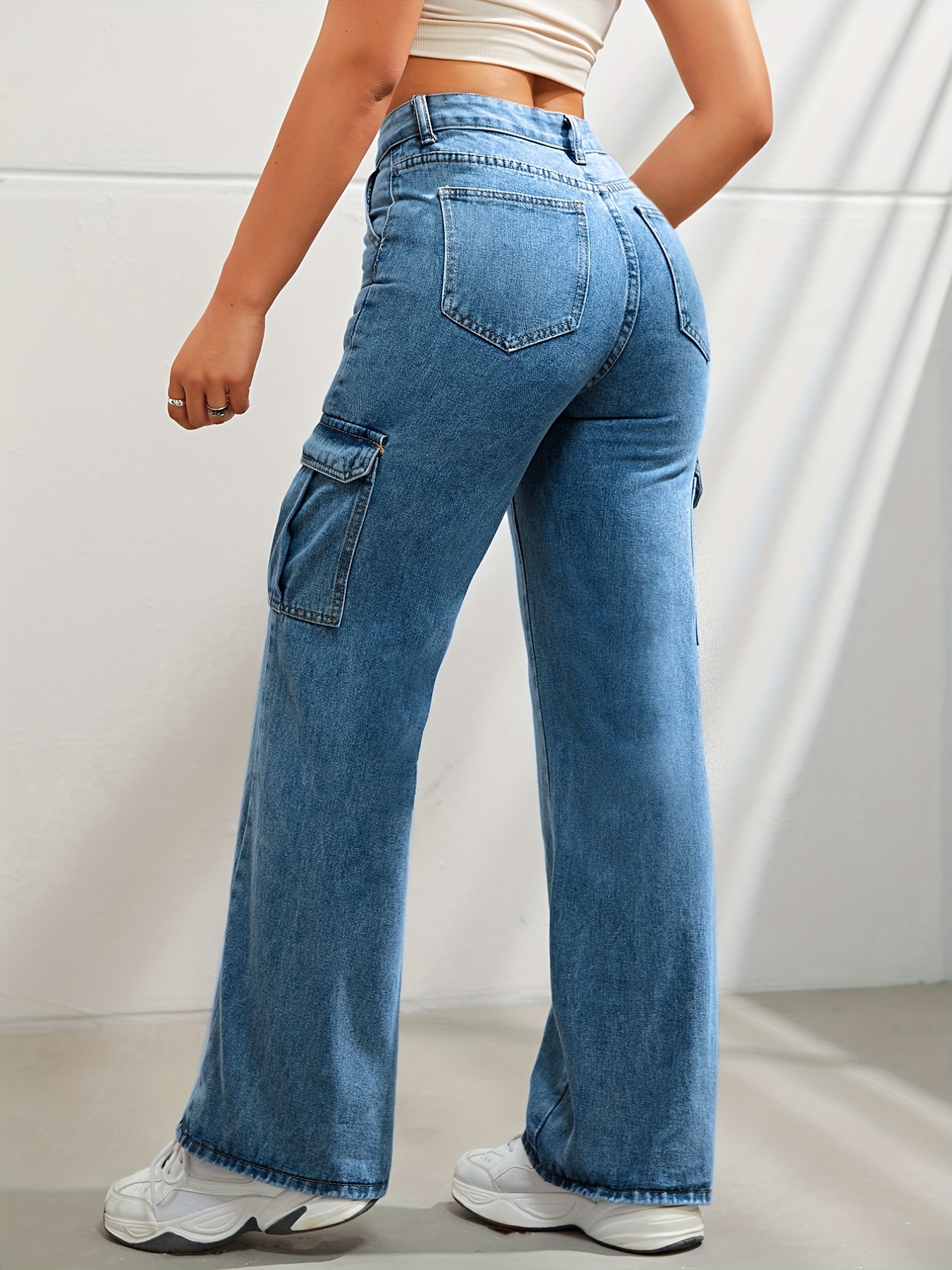 Women's High Waisted Side Flap Pocket Cargo Flare Casual Plus Size