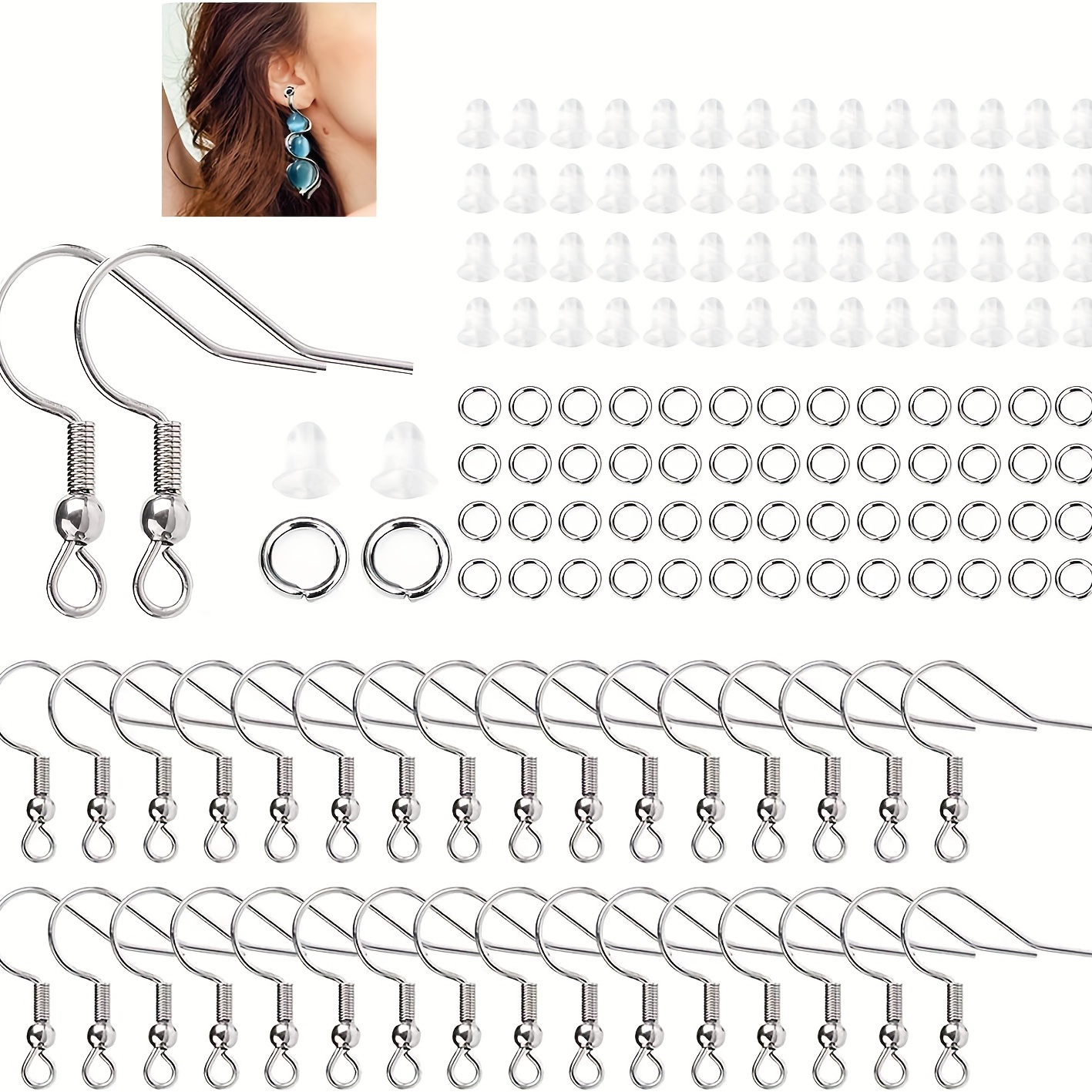 Earring Hooks Hypoallergenic Stainless Steel, 120pcs Ear Wires Fish Hooks Earrings for DIY Jewelry Making with Jump Rings and Clear Rubber Earring
