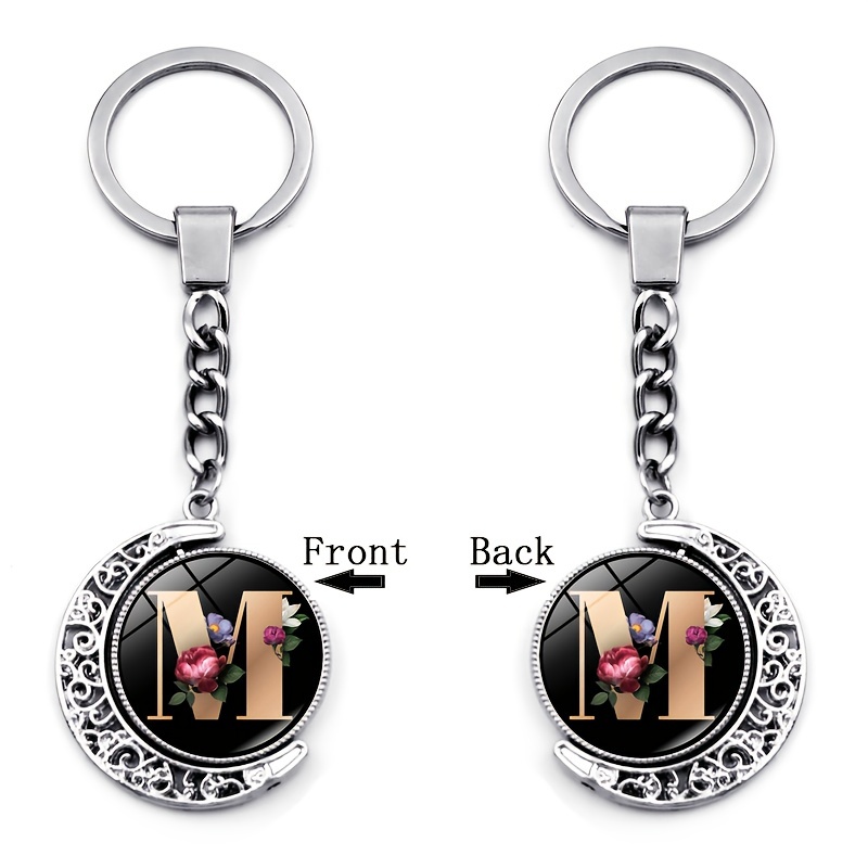Image of 1pc A-z Letter Moon Keychain Flower Graphic Round Silvery Alloy Keyring Trendy Bag Charms For Women Gifts For Eid