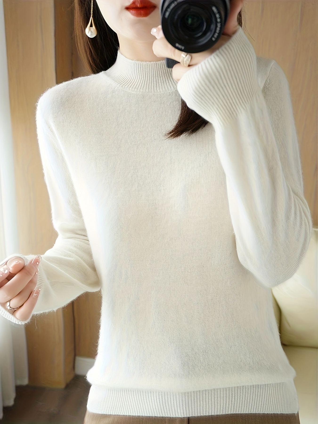 solid mock neck knitted top versatile long sleeve slim sweater womens clothing white 1