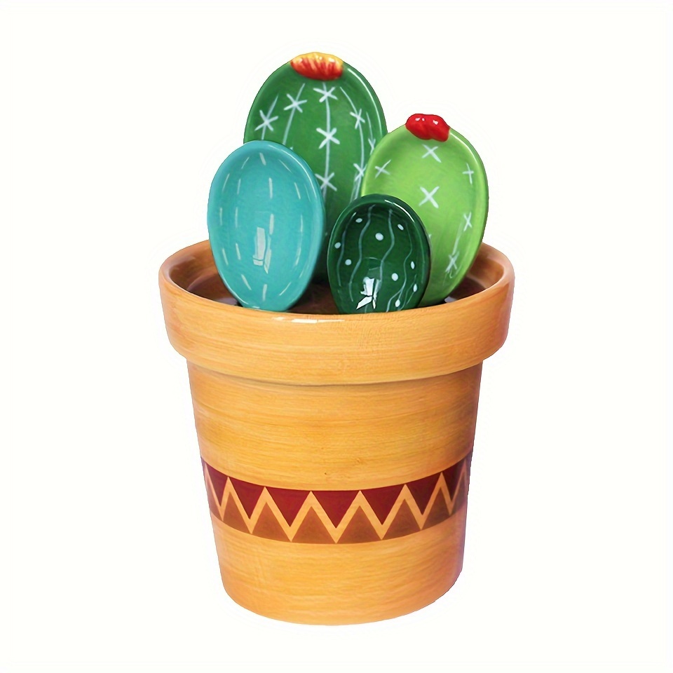 Creative Cactus Design Ceramic Measuring Spoon Set With Stand For