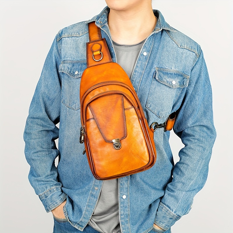 Handmade Leather Mens Cool Chest Bag Sling Bag Crossbody Bag