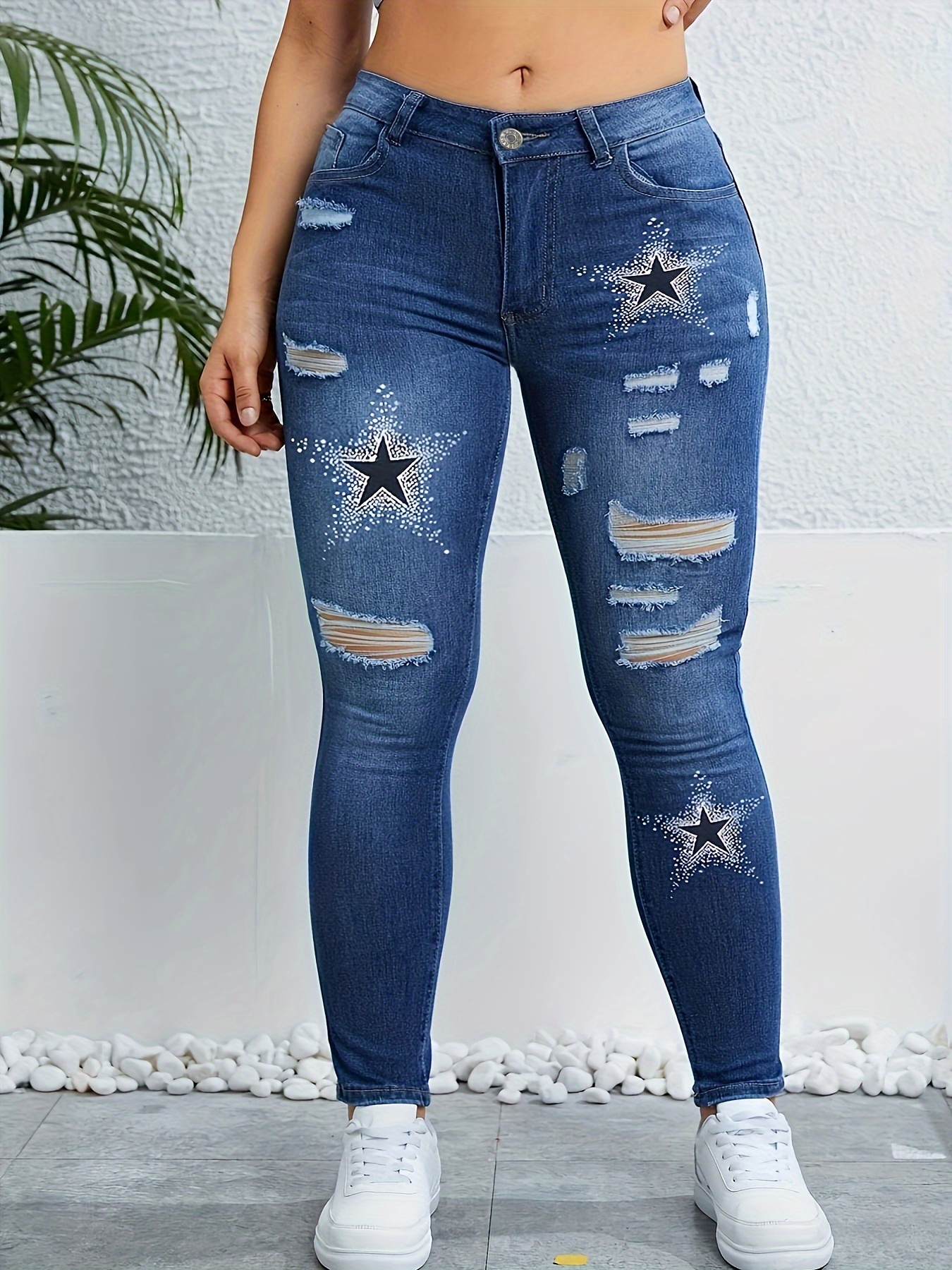 Plus Size Casual Jeans Women's Plus Star Print Ripped Button - Temu