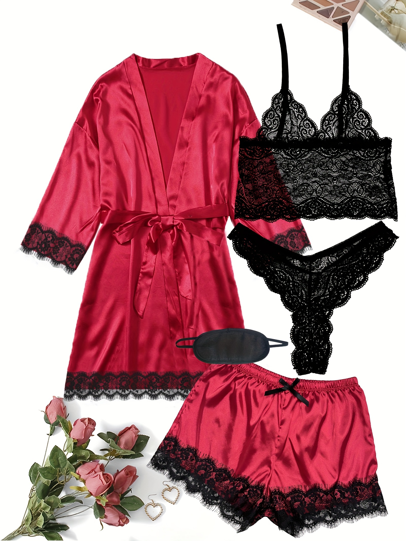 Elegant Floral Lace Satin Lounge Set Long Sleeve Belted Robe - Temu Canada