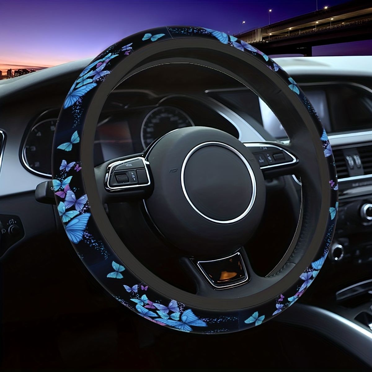 

Add A Touch Of Elegance To Your Ride With A Black Bottom Blue Butterfly Print Steering Wheel Cover