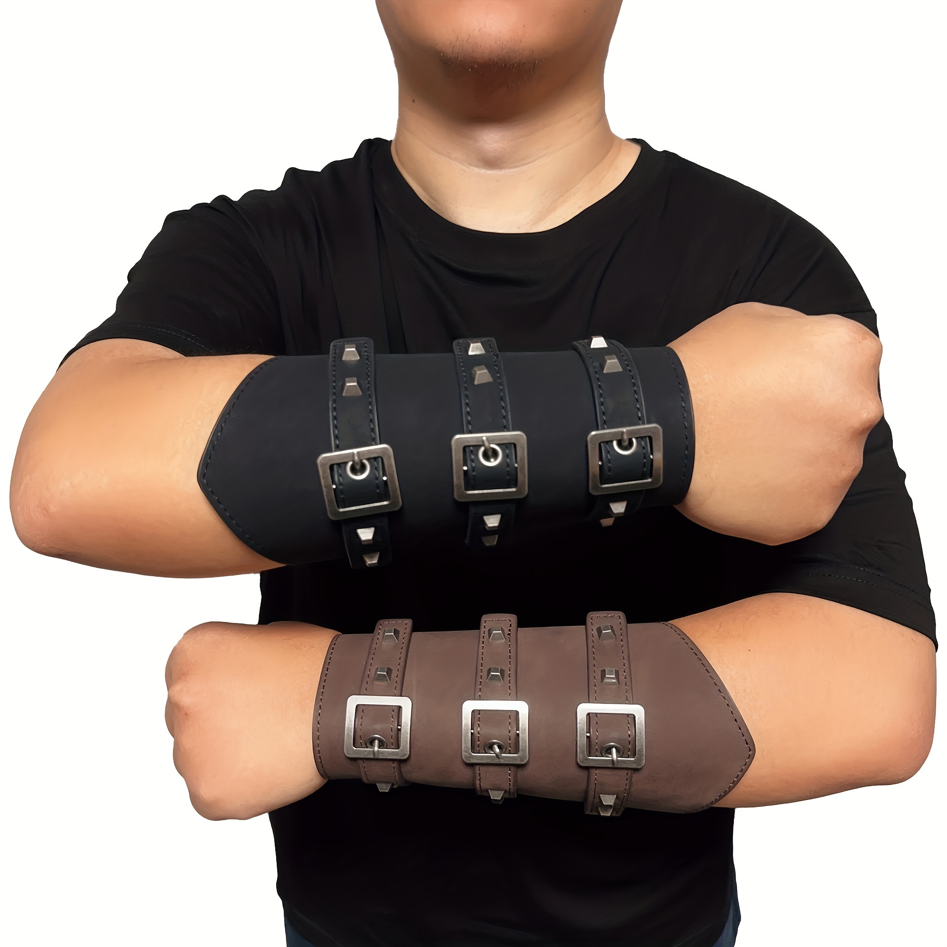 2 Pcs Leather Wristband Bracers Wrist Cross Buckle Bracer Arm Armor Cuff