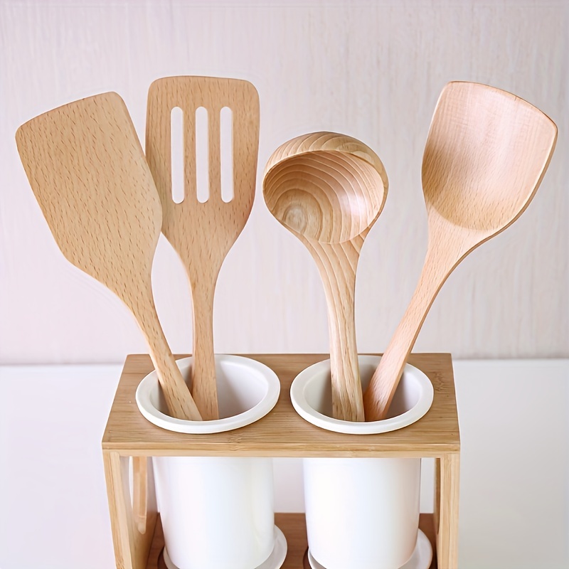 Utensilios de madera para cocinar, cucharas de madera de mango largo  inclinado de cola larga, juego …Ver más Utensilios de madera para cocinar