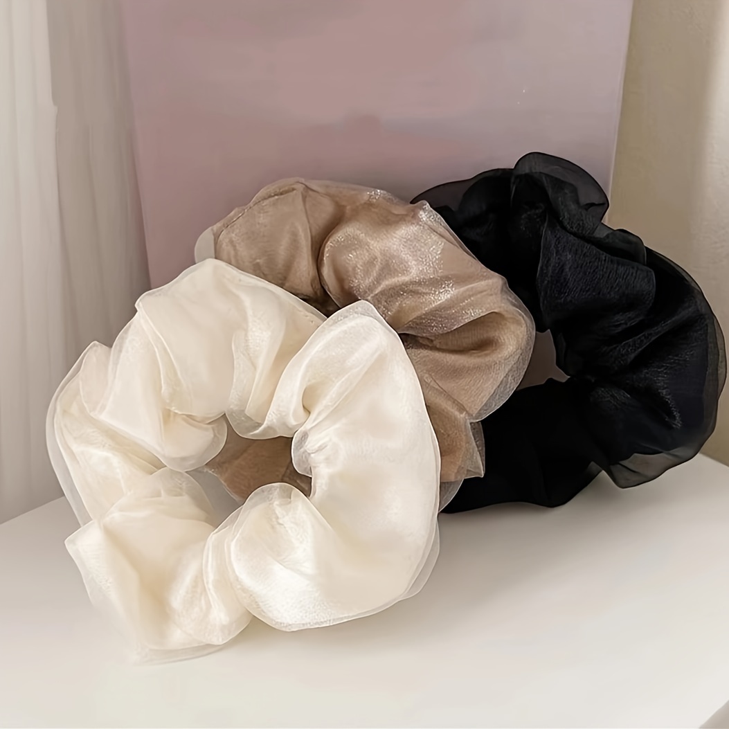 

3 Pcs/set Solid Color Double Layer Organza Mesh Scrunchies - Soft And Comfortable Hair Ties For Ponytail And Hair Accessories