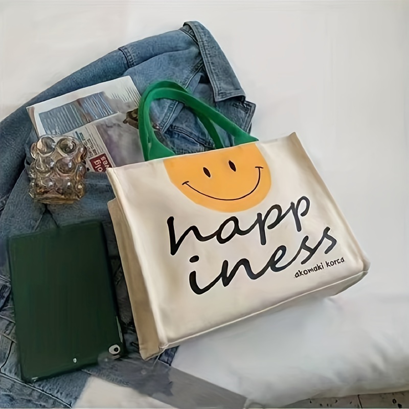 Smile Face Print Canvas Tote Bag, Large Aesthetic Shoulder Bag, Reusable  Shopping Bag & Travel Bag - Temu
