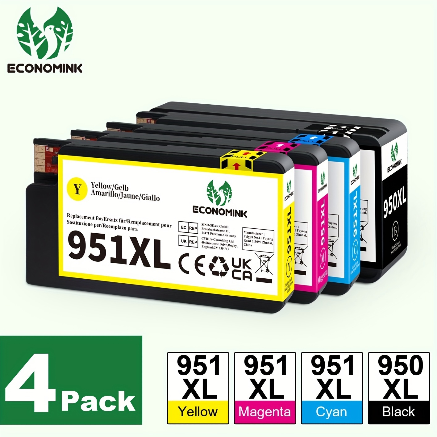 Economink 950XL 951XL Compatible Ink Cartridge Replacement For HP 950 951 XL Work With OfficeJet Pro 8600 8610 8620 8100 8630 8660 8640 8615 8625 276DW 251DW Printer (1 Black 1 Cyan 1 Magenta 1 Yellow) 4 Pack