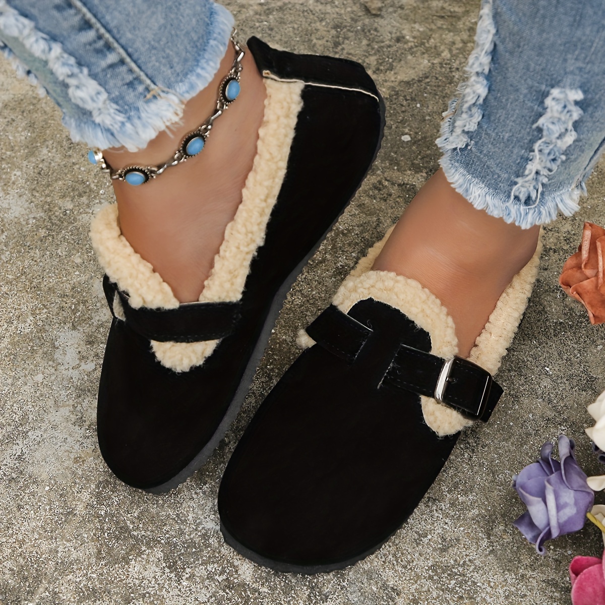 

Women's Solid Color Fuzzy Mules, Slip On Soft Sole Flat Warm Lined Shoes, Plush Round Toe Fluffy Shoes