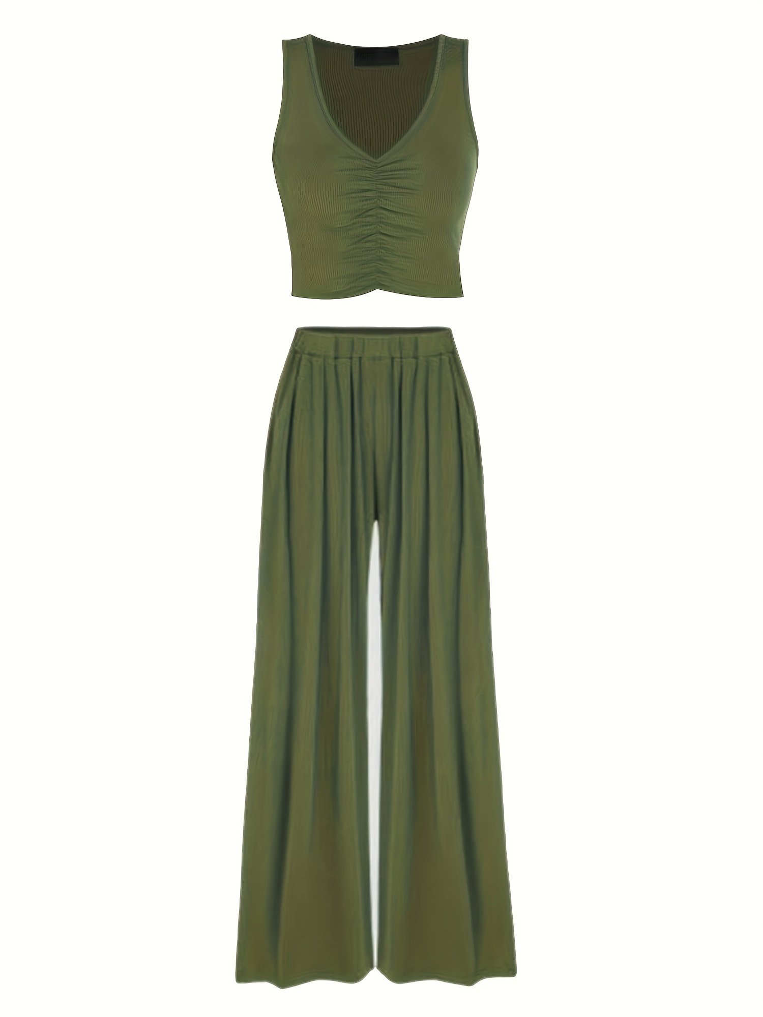 Solid Two Piece Set Sleeveless V Neck Tank Top & Wide Leg Pants
