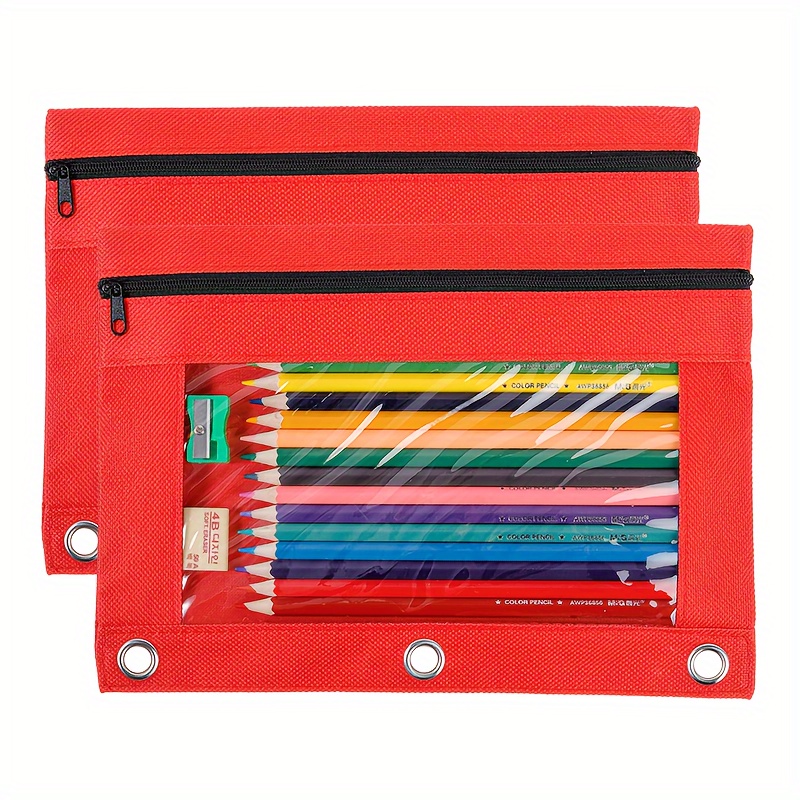 Sooez Pencil Pouch for 3 Ring Binder, 2 Pack Binder Pencil Pouch with Clear Window Pencil Bags with Zipper & Reinforced Grommets, Pencil Case for