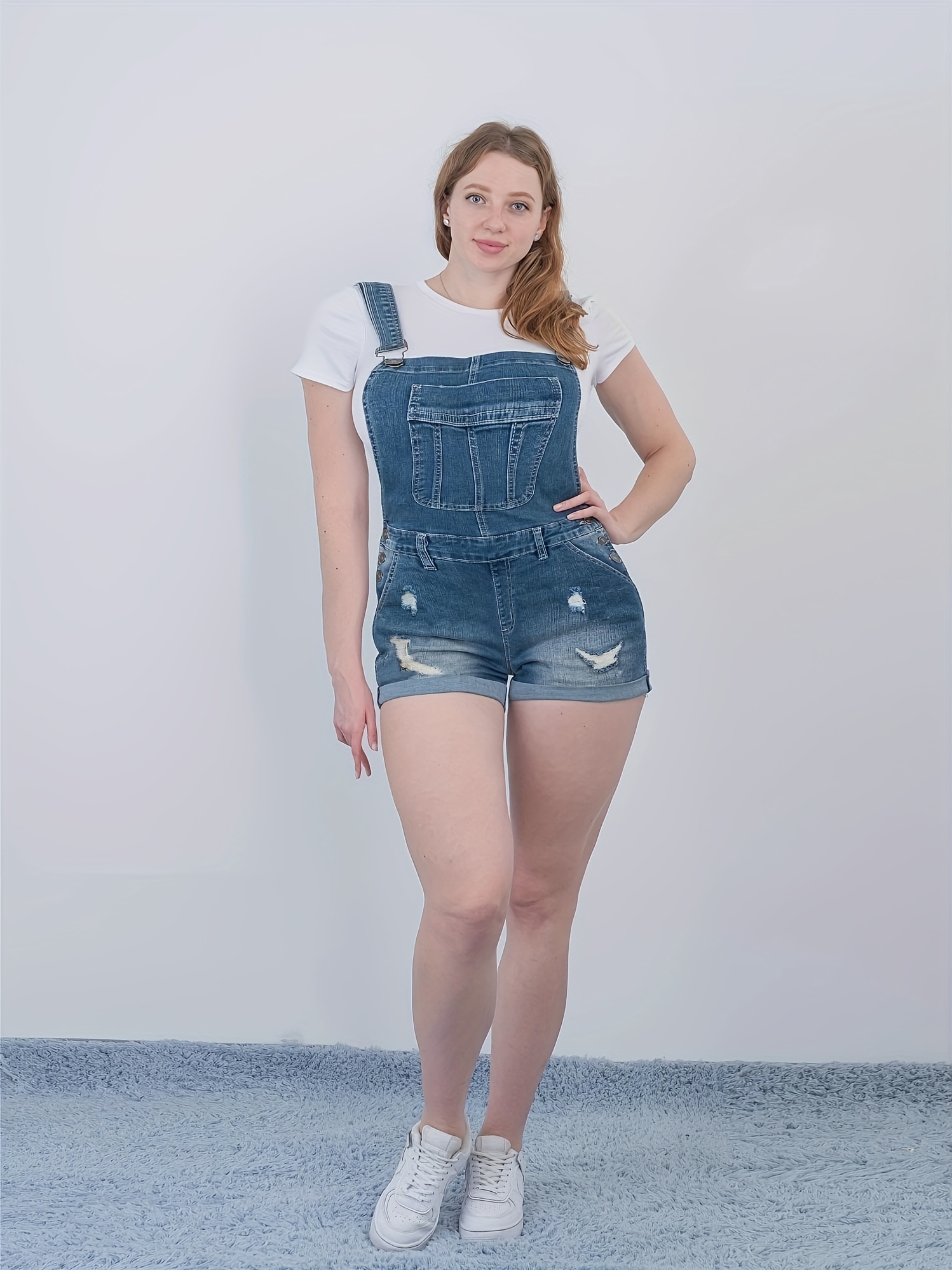sortie Monica hoste Plus Size Multi Pocket Ripped Denim Overall Shorts Womens Plus Medium  Stretch Casual Denim Overalls - Women's Curve Clothing - Temu
