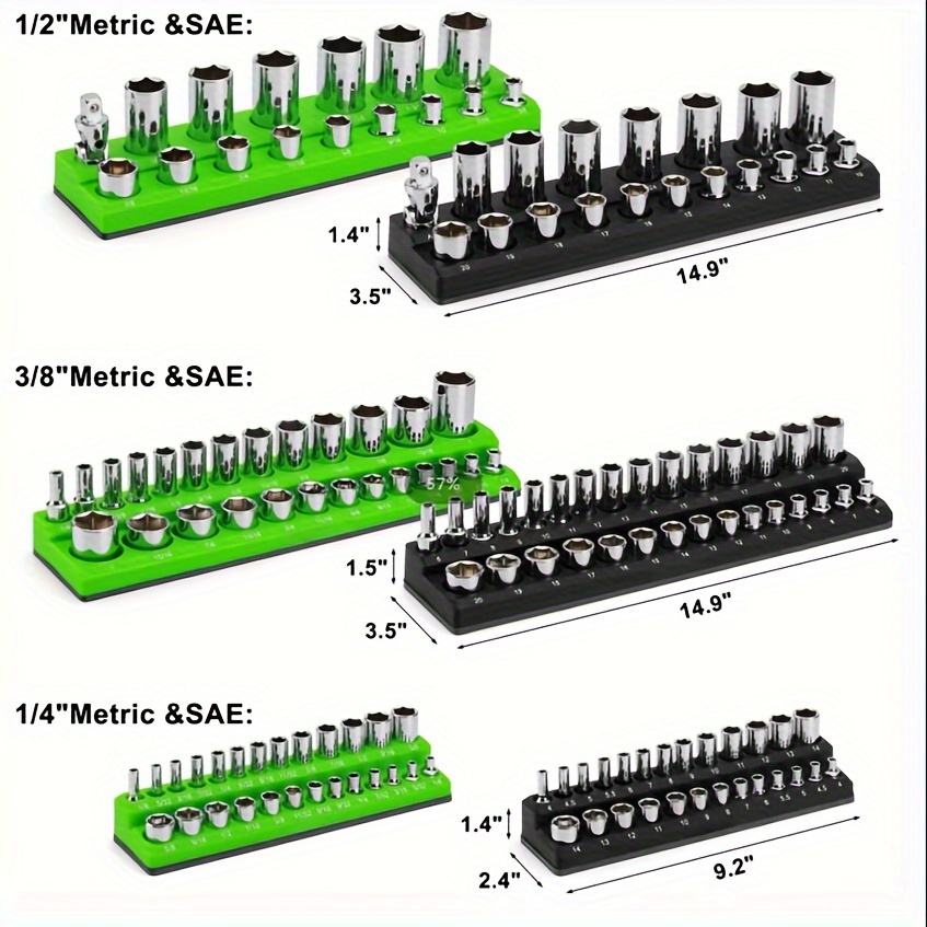 

6pcs Magnetic Socket Organizer, Socket Holder Kit, 1/2-inch, 3/8-inch, 1/4-inch Drive, Holds 143 Sae & Metric Sockets, Black & Green