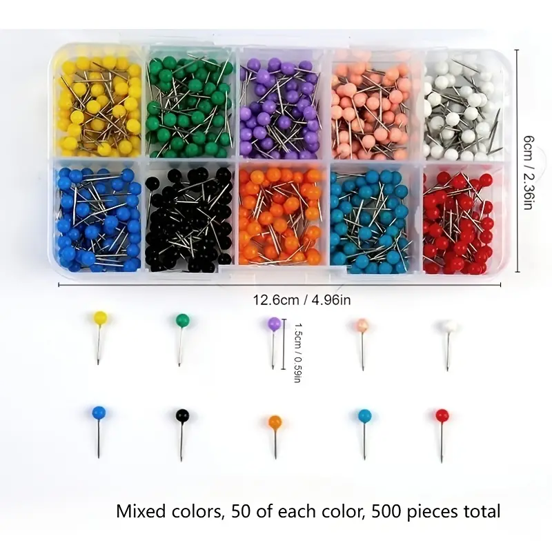 600 PCS Multi-Color Push Pins Map Tacks,1/8 inch Round Head with Stainless  Point, 10 Assorted Colors (Each Color 60 PCS) in reconfigurable Container