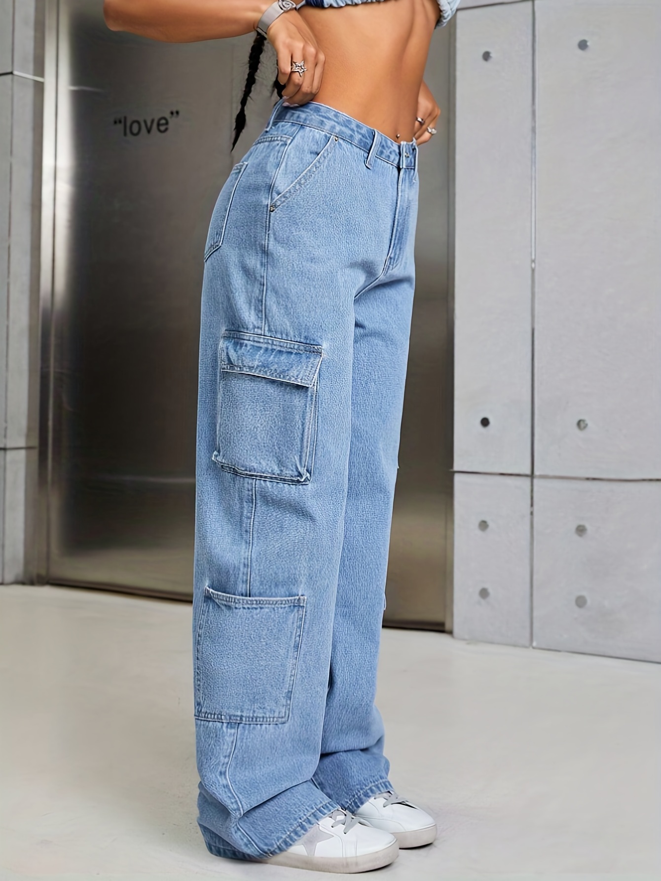 Flap Pockets Casual Cargo Pants, Loose Fit High Waist Y2K & Kpop Style  Straight Jeans, Women's Denim Jeans & Clothing