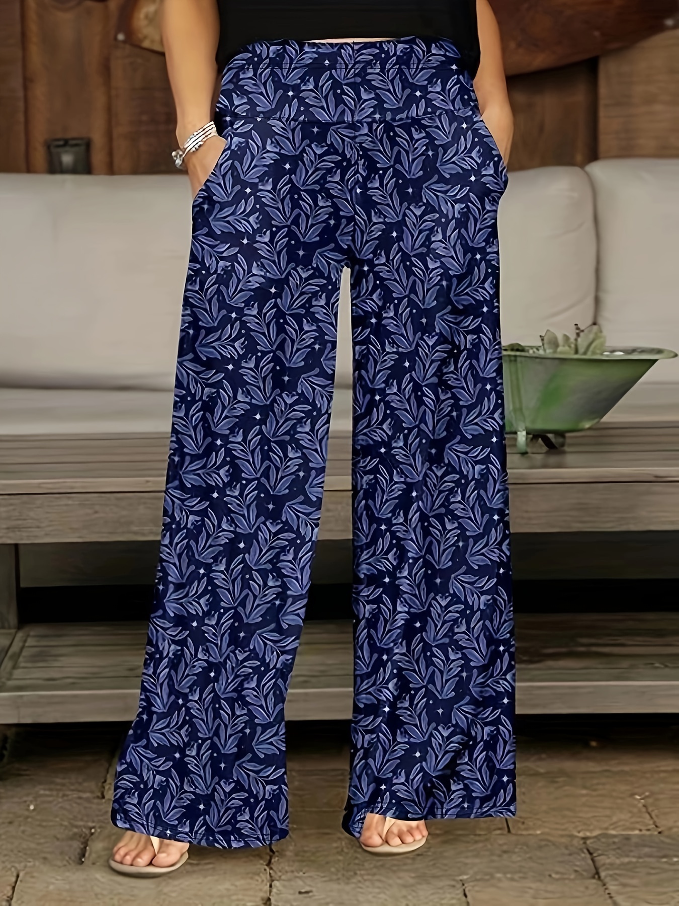Plus Size Boho Pants Women's Plus Allover Leaf Print Elastic - Temu
