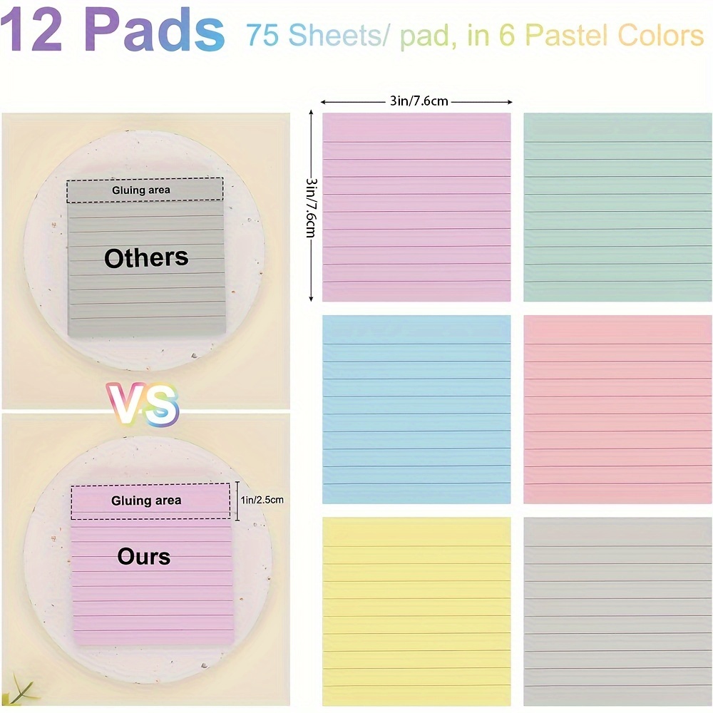 Lined Sticky Notes Pastel Memo Post It School Office 100 Sheets Notepad  3”x3”