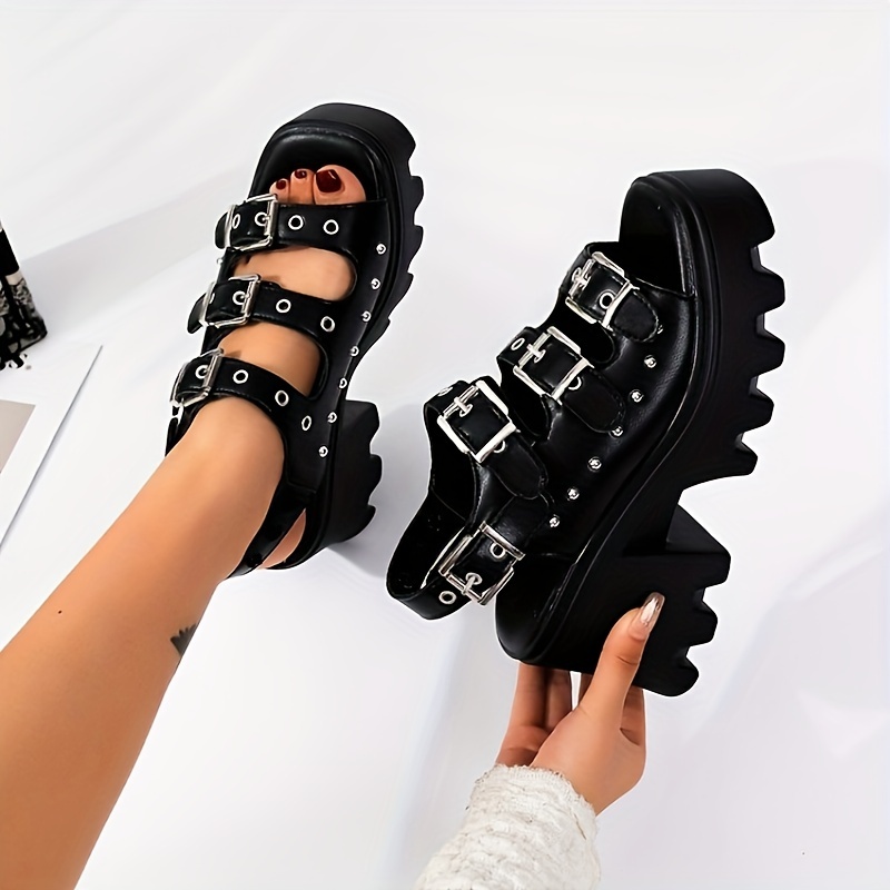 Women's Gothic Style Platform Sandals, Square Open Toe Bat Buckle Punk Shoes,  Y2k Style Chunky Heels - Temu Latvia