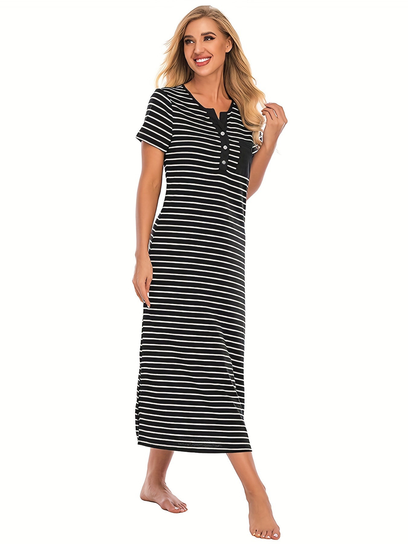 Striped Short Sleeve Nightdress Casual Comfy Side Split - Temu