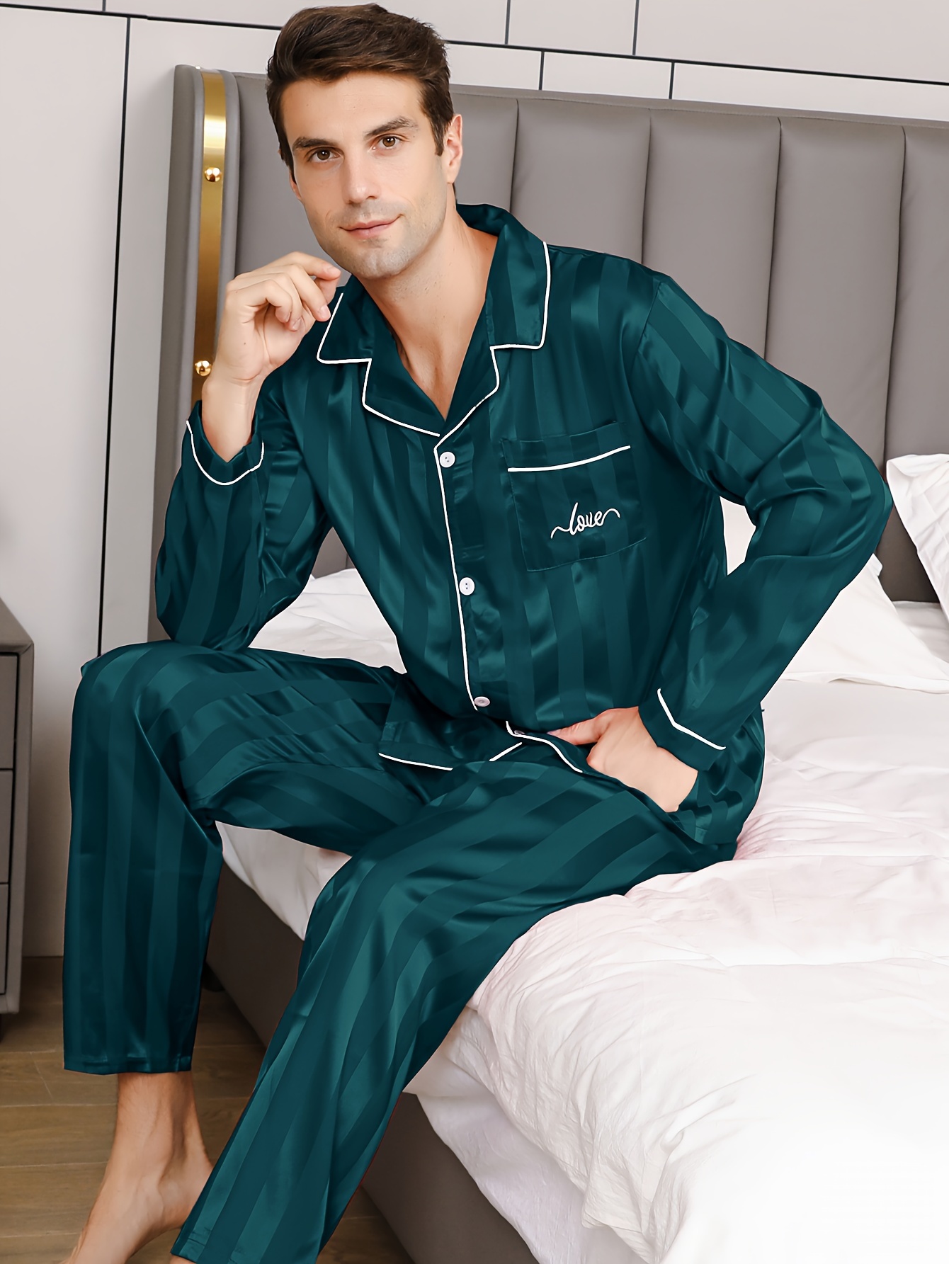 Men's Love Stripe Pattern Long Sleeve Ice Silk Pajamas Set - Temu
