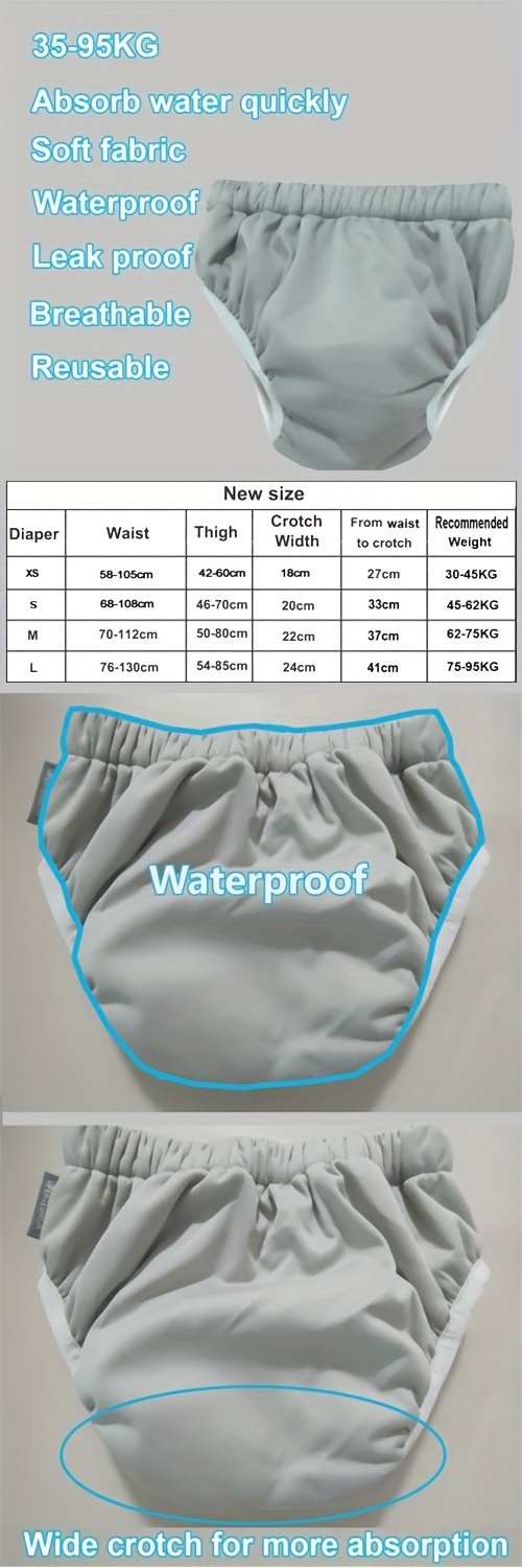 washable cloth diaper for teens adults 35 95kg leakproof breathable reusable with 4 layer   protection polyester gray details 0