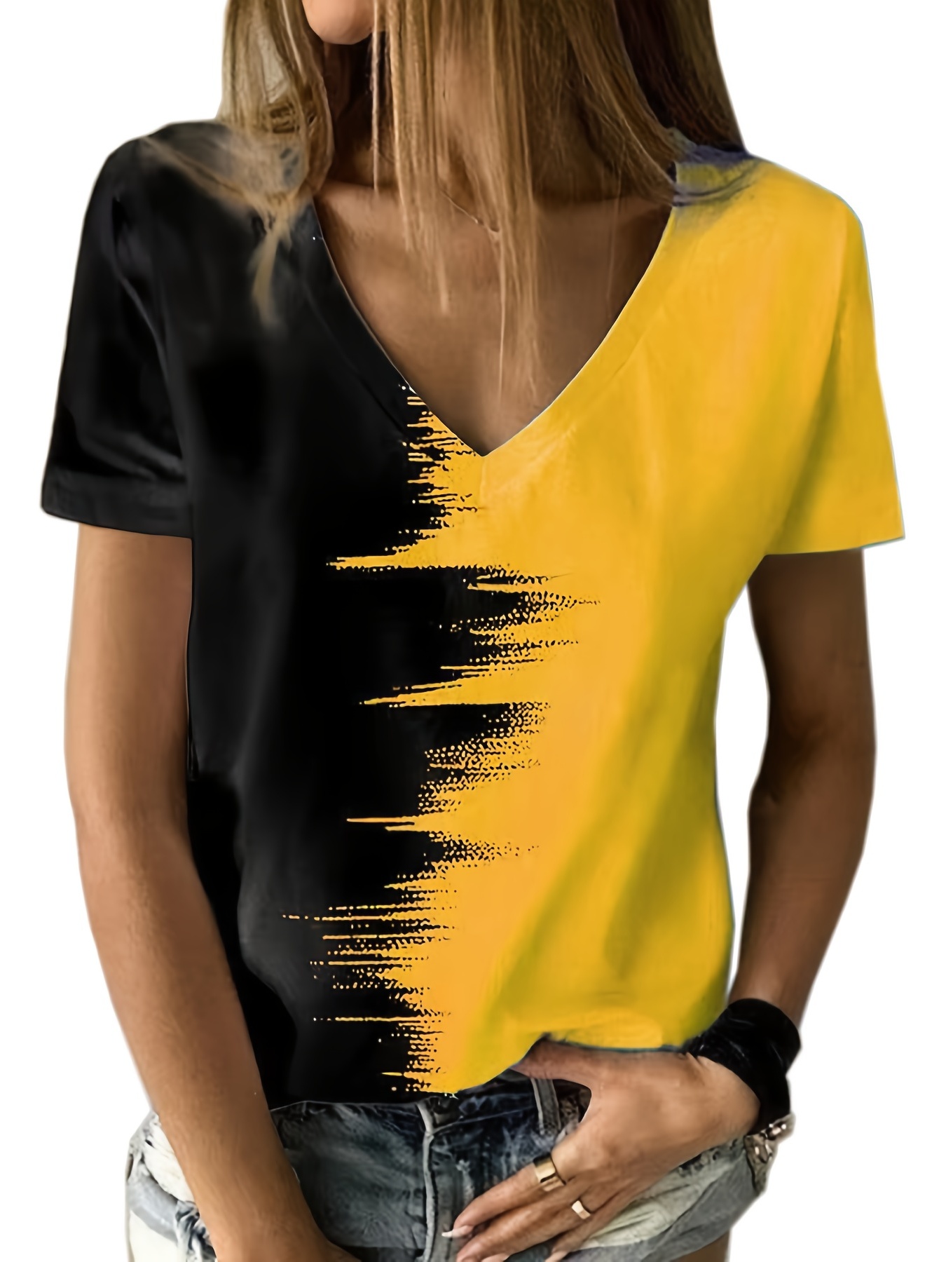 Niuer T Shirt for Women Short Sleeve Color Block Casual V Neck