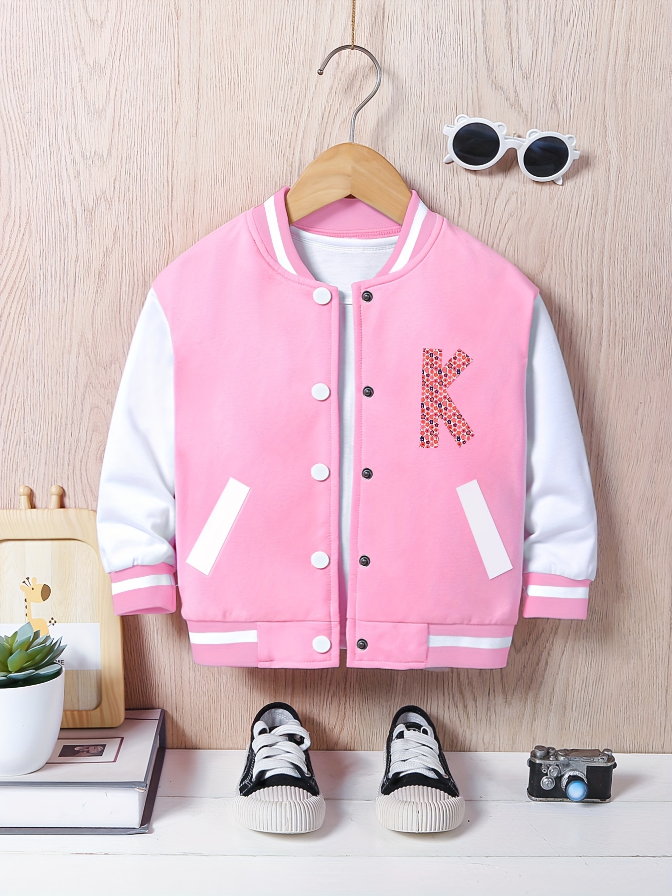 Toddler Girl's Color Block Button Casual Varsity Jacket, Kids Clothing For  Fall/ Spring