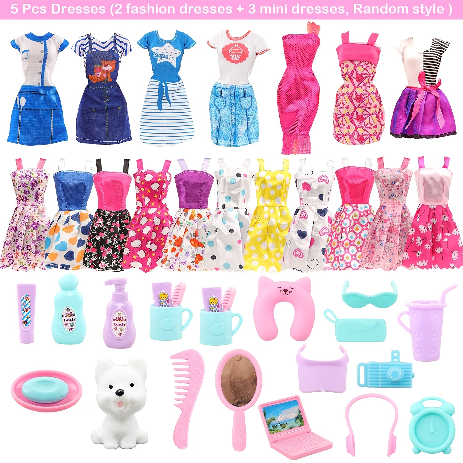 70 Pcs Doll Clothes & Accessories for 11.5 Inch Girl Doll - Includes  Dresses, Shoes, and Other Accessories