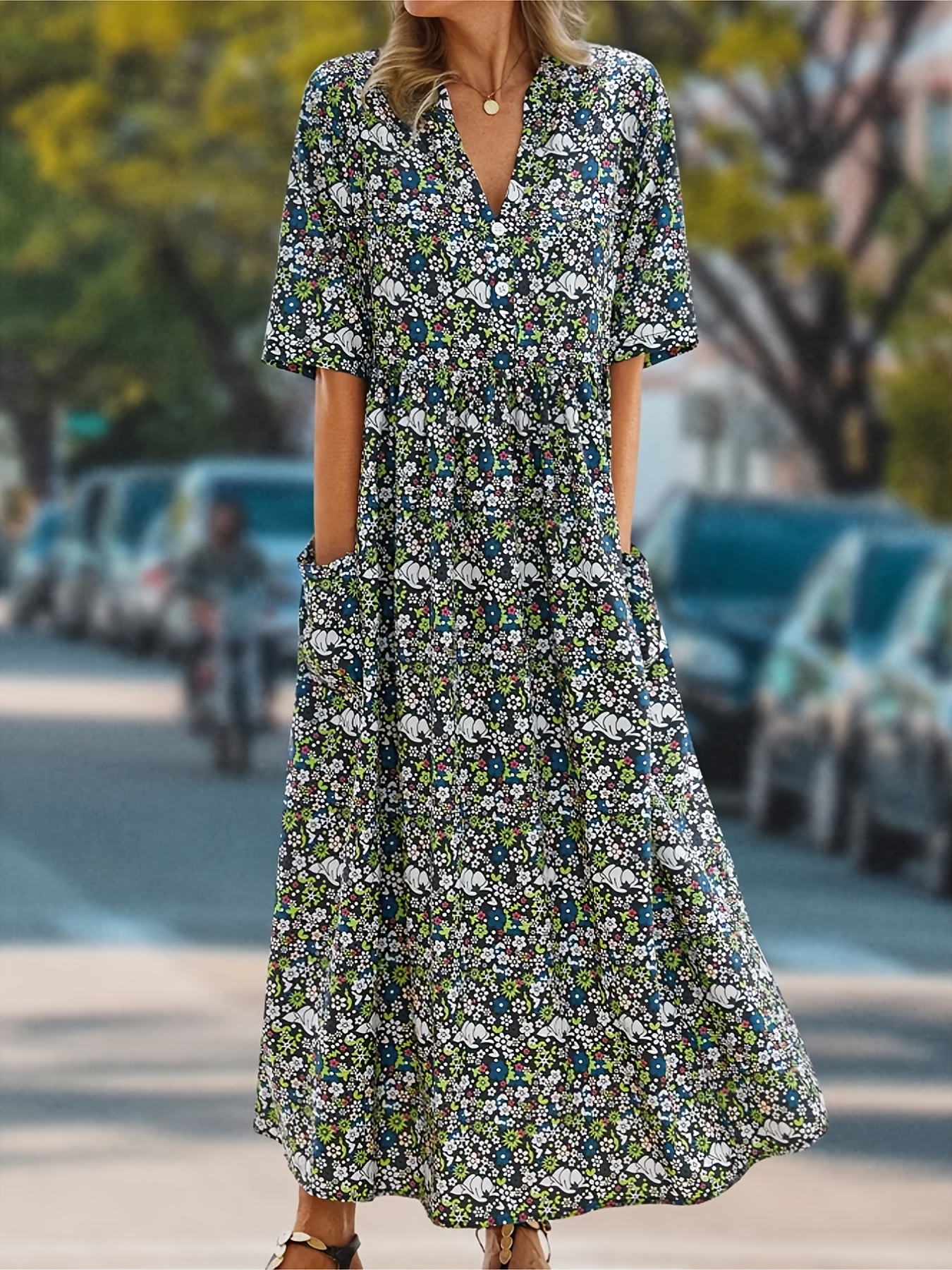 Ditsy Floral Print Dress Casual V Neck Long Sleeve Maxi - Temu