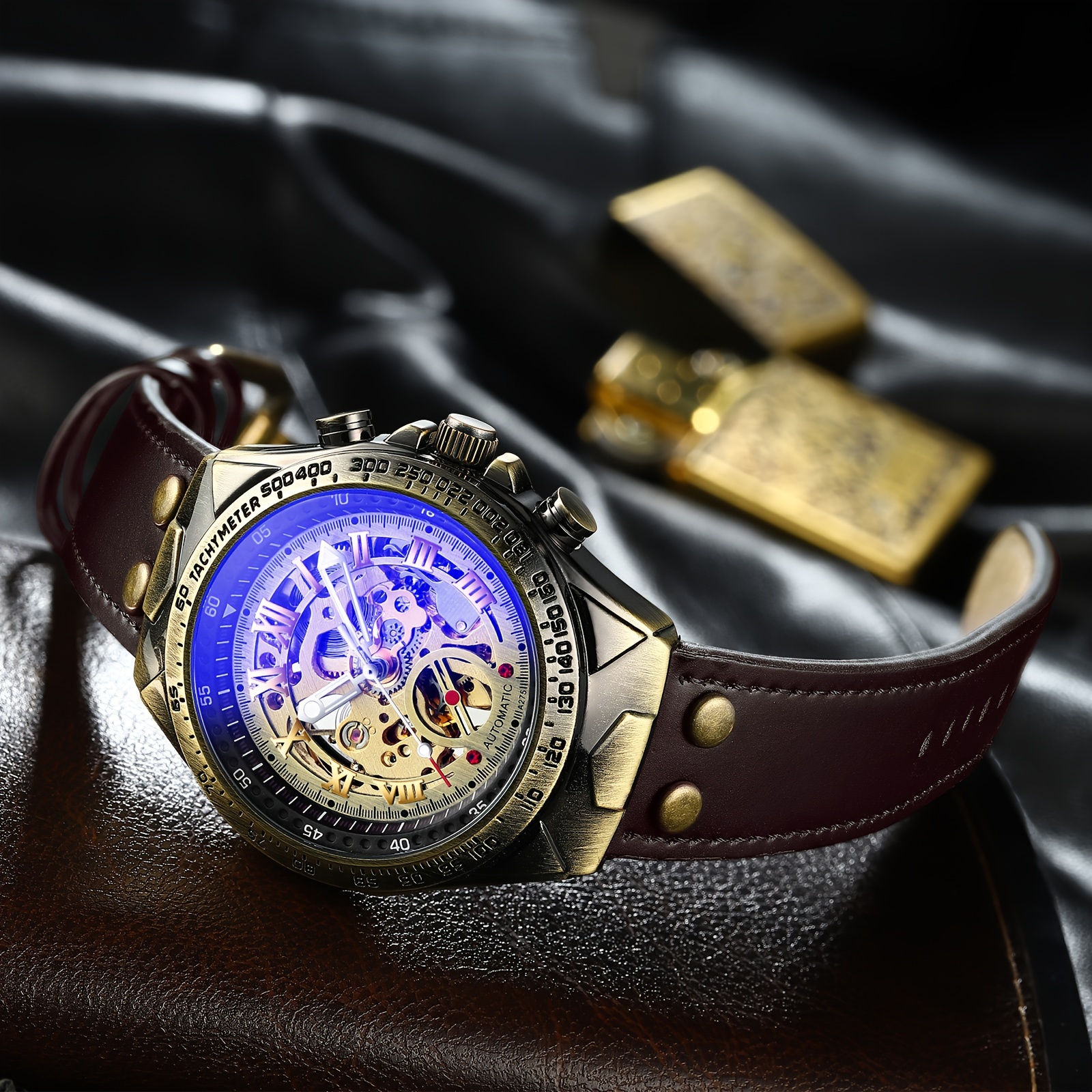 KISOARTWQ Reloj Hombre Barato Reloj Mujer Reloj automatico Reloj para Hombre,  Reloj de Pulsera de Cuero, diseño de Esqueleto mecánico, Caja automática  con números Romanos(Color:B) : : Moda