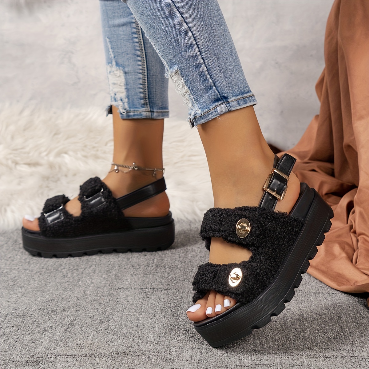 Fuzzy discount buckle sandals