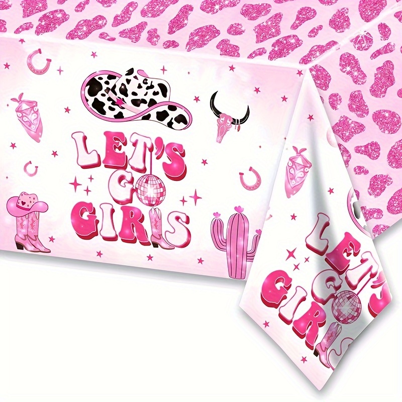 

1pc Disco Cowgirl Tablecloths- Lets Go Girls Party Decorations Hot Pink Plastic Rectangular Table Covers Pink Cow Print Bachelorette Party Supplies Table Decoration Easter Gift
