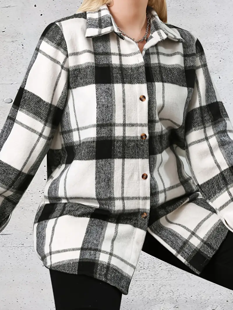Camisa de franela de manga larga con patrón a cuadros de talla * camisa de  franela con cuello de solapa informal para mujer
